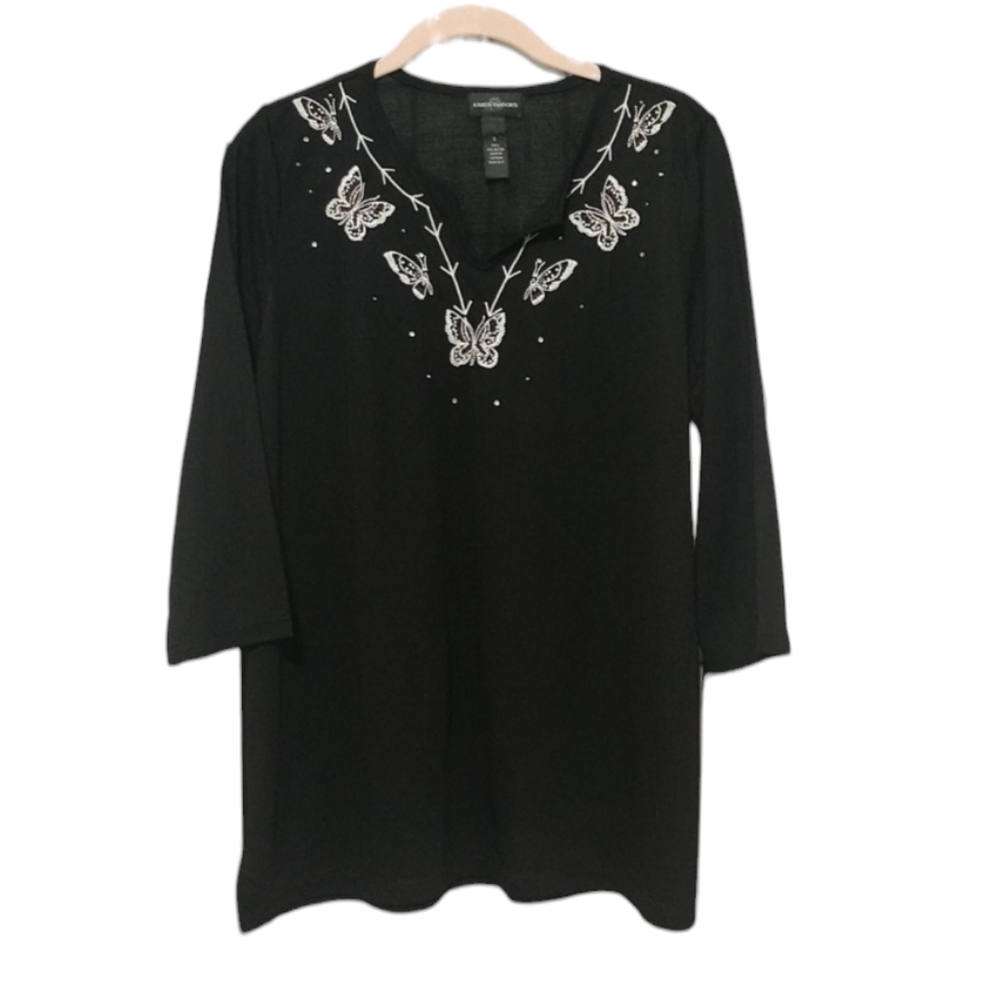 Karen Brooks Black V-Neck Tunic Top w/ White Butterflies & Rhinestones sz Large